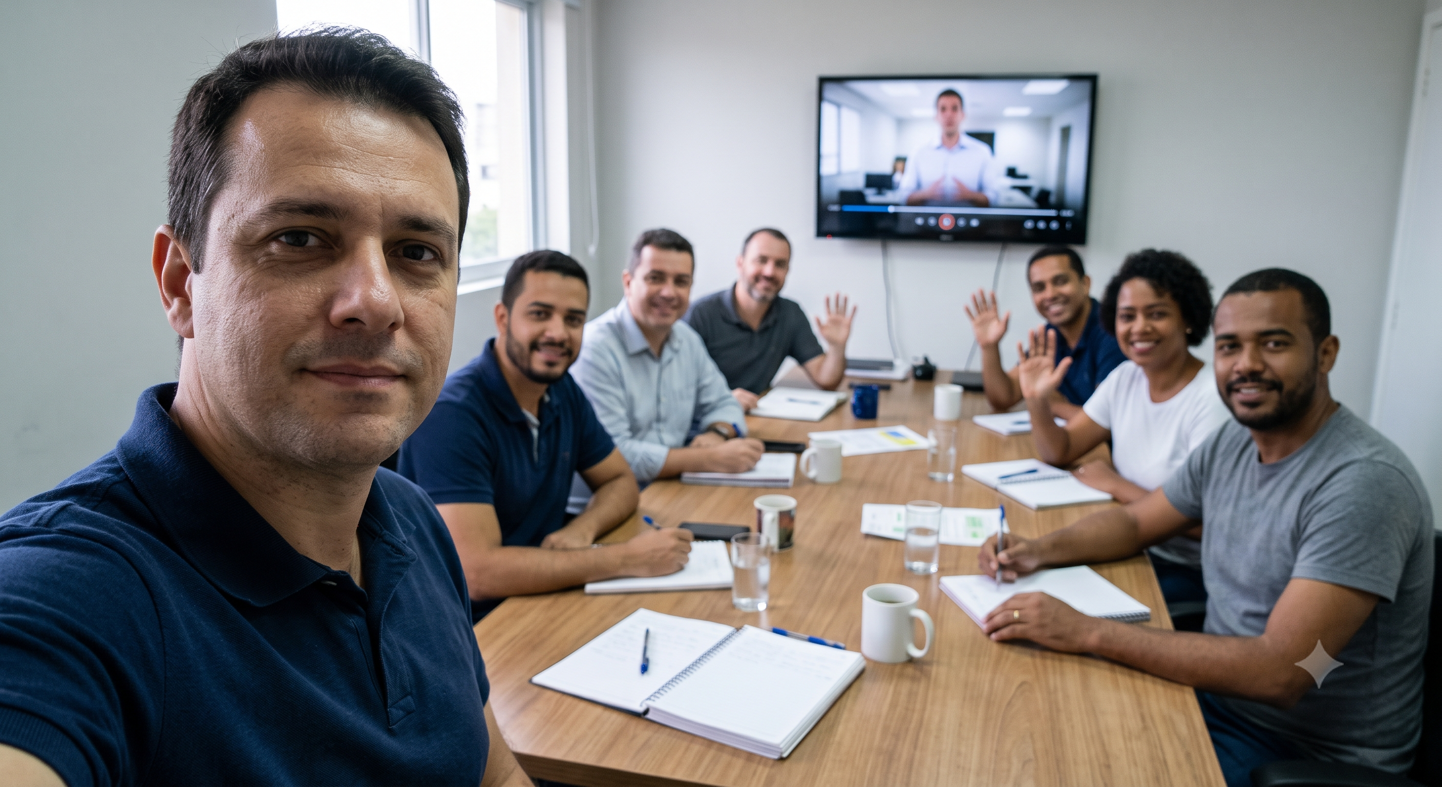 Time reunido em volta da mesa ao final de uma roda, com a aula ainda na televisão.